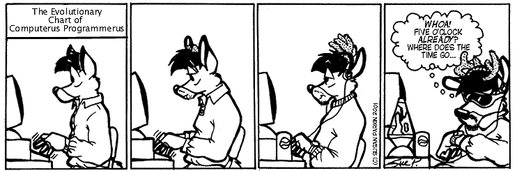 Strip for 2001-05-09 - ** Evolution... Hey! That's the New Mail client for the Gnome graphical environment in Linux :) **