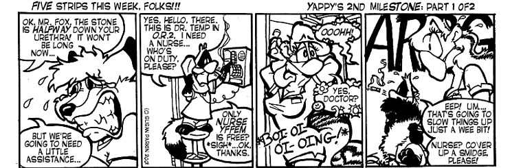 Strip for 2001-08-20 - ** Let's hope the skunk didn't bring a scapel! (Special Strip: 1 of 2 - Originally done for the Funday Pawpet Show 08/19/01) **