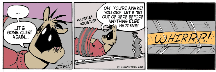 Strip for 2001-08-31 - ** There's still a bug in the escape plan... **