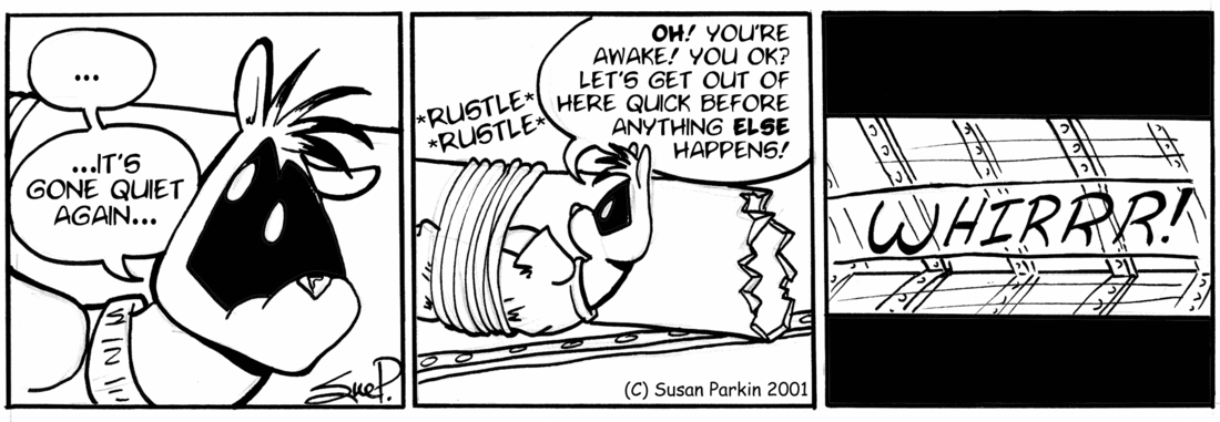 Strip for 2001-08-31 - ** There's still a bug in the escape plan... **