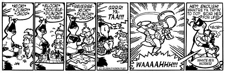 Strip for 2001-09-24 - ** Pens:$1.69 ea., Paper:$.23 ea. Drawing time:4hrs,17mins. Seeing the Chairman of Anthrocon drawn as a cockroach in a fuku complete with panty shot: Priceless. **