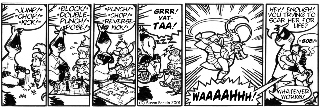 Strip for 2001-09-24 - ** Pens:$1.69 ea., Paper:$.23 ea. Drawing time:4hrs,17mins. Seeing the Chairman of Anthrocon drawn as a cockroach in a fuku complete with panty shot: Priceless. **
