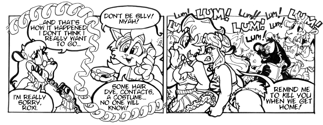 Strip for 2002-11-08 - ** Lum, Lum, Lum, Lum! Lum, Lum, Lum, Lum! LOVELY LUUUMMM! WONDERFUL LUUUMMM!- (Oi don't loik Lum!) (That's oilroight, dear! Oi'll have yours! OI LOVE LUM!) **